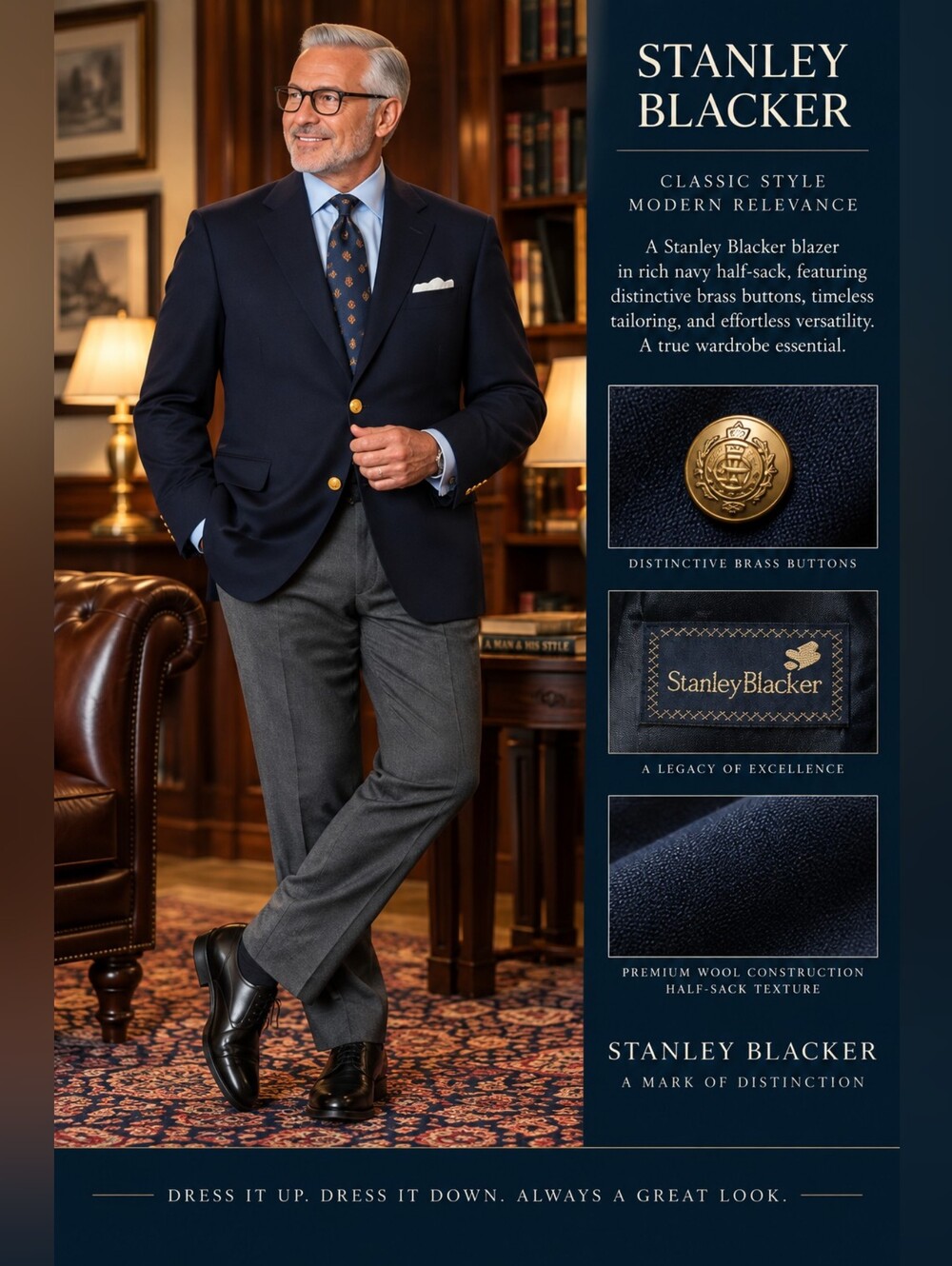 Stanley Blacker Navy Blue Blazer 52 Long Wool Gold Crest Buttons